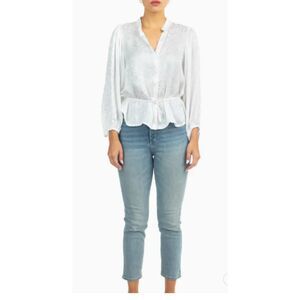 BTFL-Life Casual V Neck Lantern Top Rayon Jacquard Elastic Waist White Boho Sz M